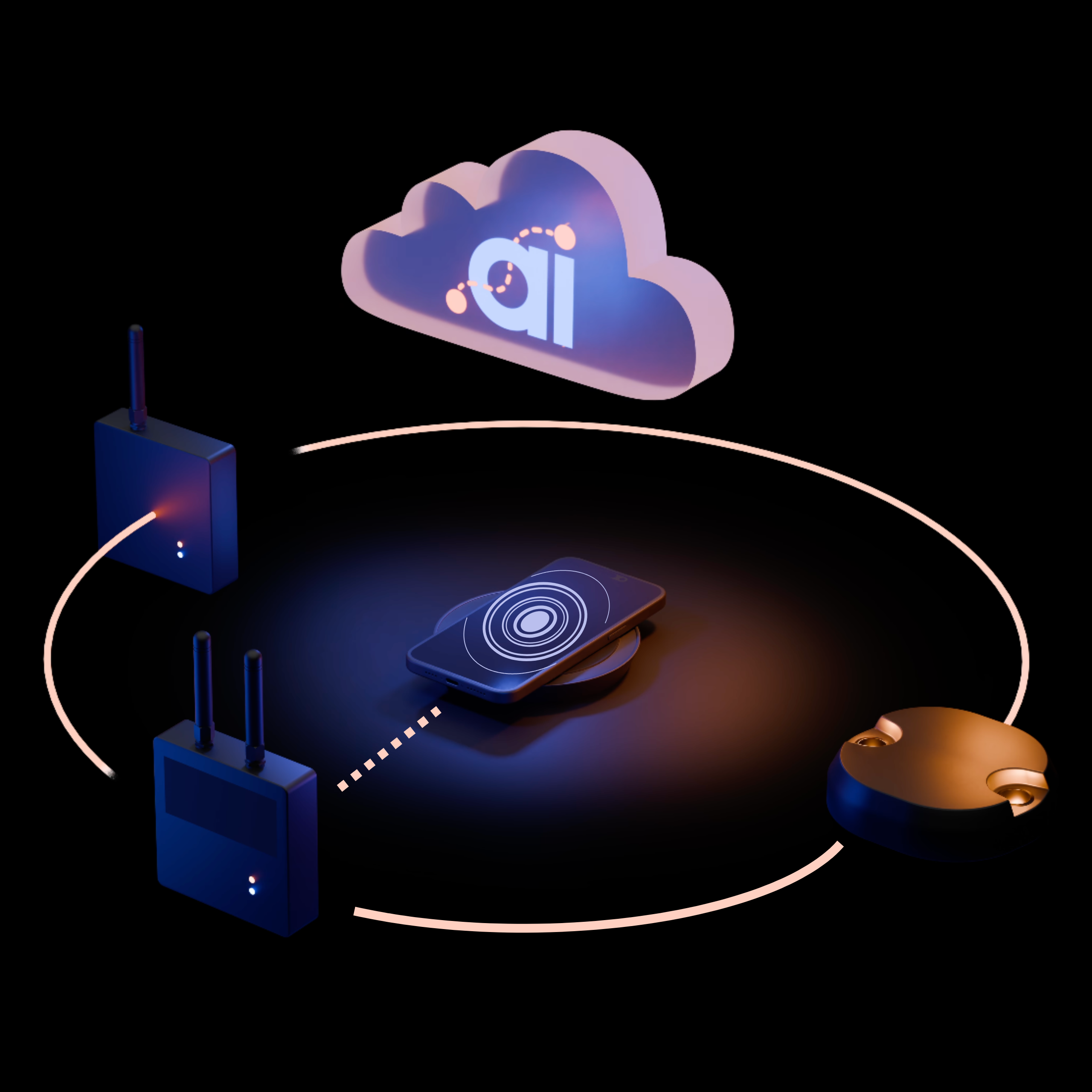 Illustration of IoT tracking devices communicating with a smartphone and cloud, representing real-time asset visibility.